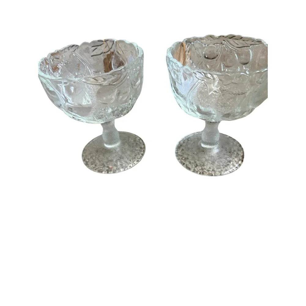 Vintage Pressed Glass Fruit Embossed Footed Dessert Bowls Sherbet Cups Set of 2